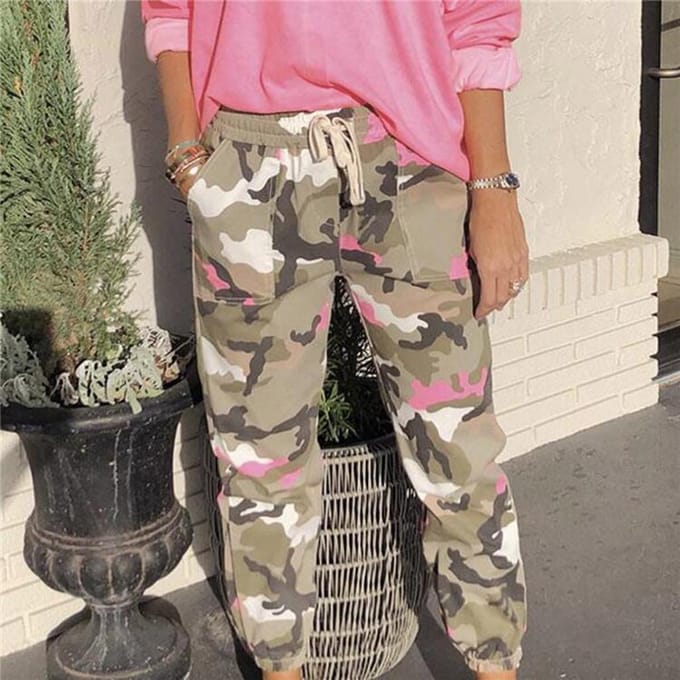 Femmes décontracté taille moyenne Camouflage été poche ample Long pantalon droit XL gris