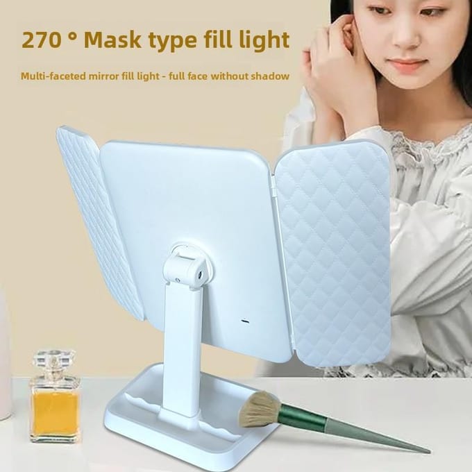 LED Slim Make-up Spiegel, Driekleurig Licht Verstelbare Bureau Spiegel, Vierkant Driezijdig Opvouwbare Vullicht Schoonheidsspiegel wit