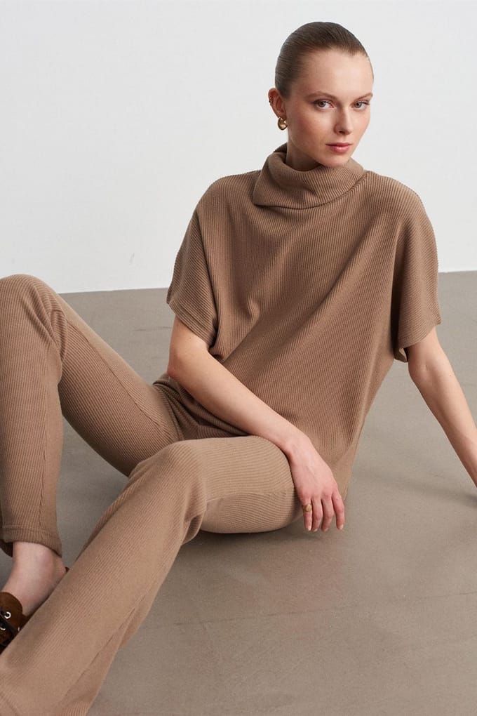 Geribbelde Coltrui met Korte Mouwen Blouse