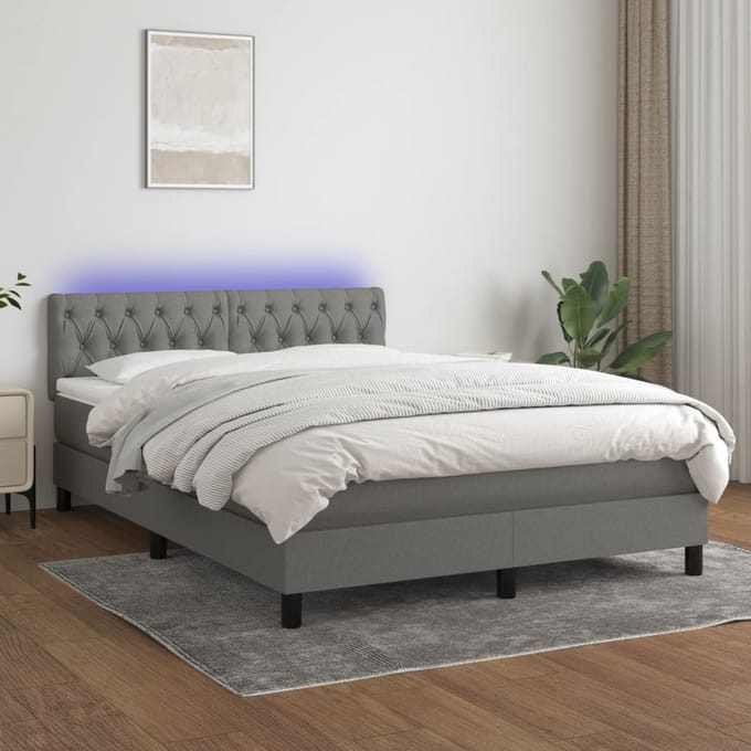 vidaXL - Boxspring - met - matras - en - LED - stof - donkergrijs - 140x200 - cm