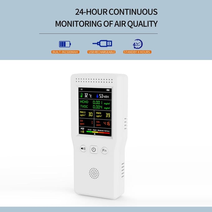 Draagbare draagbare luchtkwaliteitsdetector 9 in 1 Temperatuur Vochtigheid PM2.5 PM10 HCHO TVOC CO CO2 AQI wit