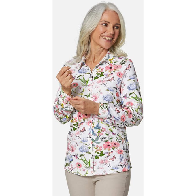 Expressieve jersey blouse met stretch - rosé / wit / gedess. - Gr. 24 van Goldner Fashion