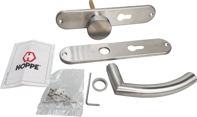 HOPPE Trondheim - Deurknop + klink - Langschild - PC maat 55 - Geborsteld RVS