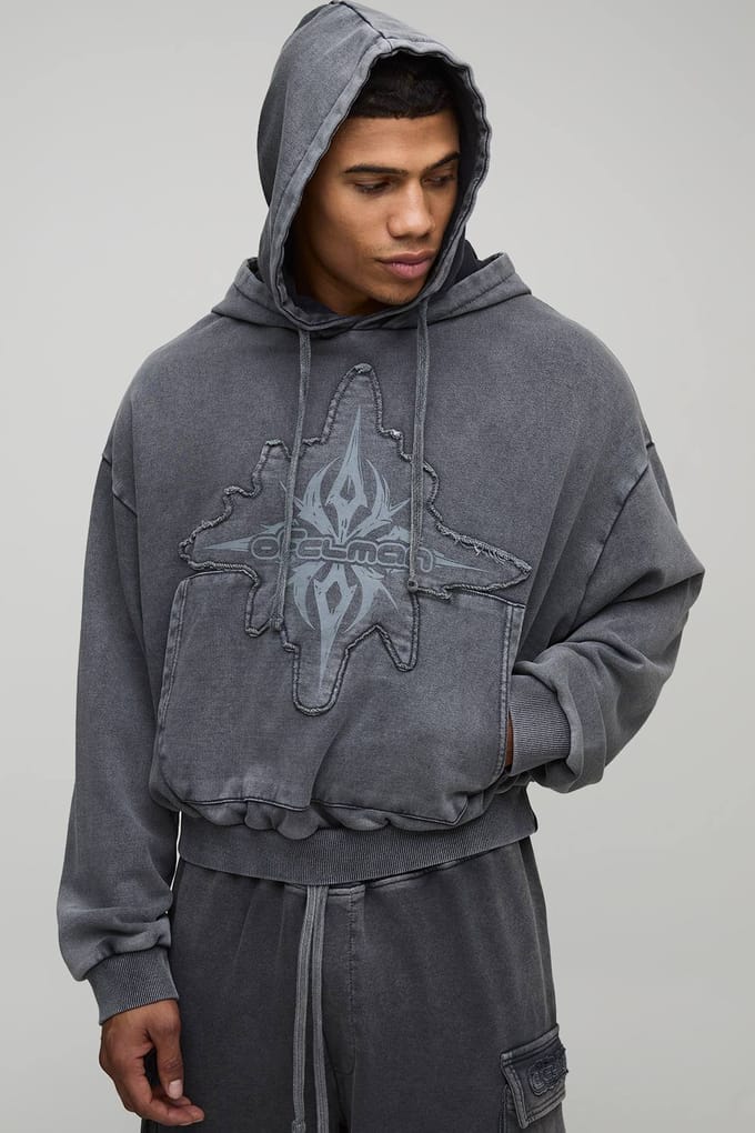 Geslonken Boxy Loopback Gewassen OFCLMAN Applique Hoodie | Charcoal | Size Medium