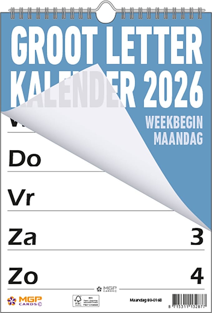 MGPcards - Grootletter kalender 2026 - Grootcijfer kalender - Week Planner - Week begint op maandag - 21 x 34 cm - Licht blauw
