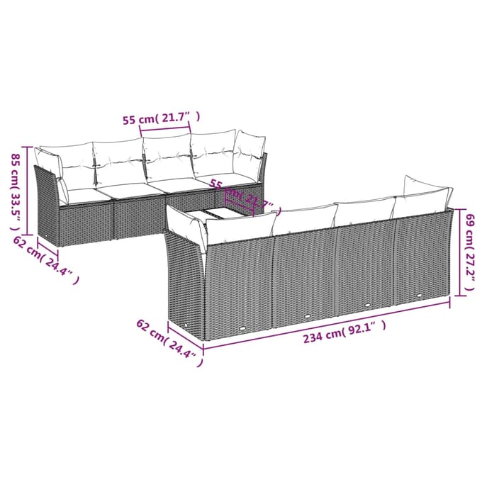 vidaXL - 9-delige - Loungeset - met - kussens - poly - rattan - bruin