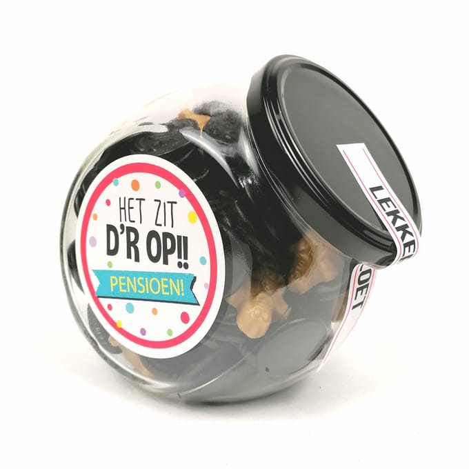 Pensioen cadeautje - Snoeppot - "Het zit d'rop" - Pensioen - drop cadeau