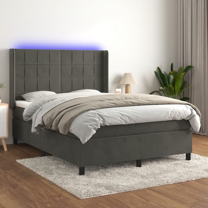 vidaXL - Boxspring - met - matras - en - LED - fluweel - donkergrijs - 140x190 - cm