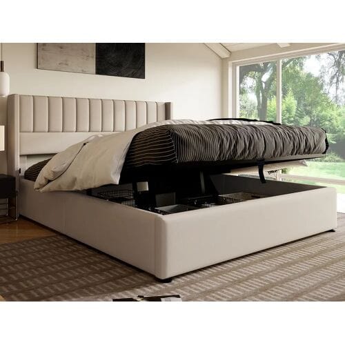 Merax Opbergbed 180 x 200 cm - linnen stof - lattenbodem - beige