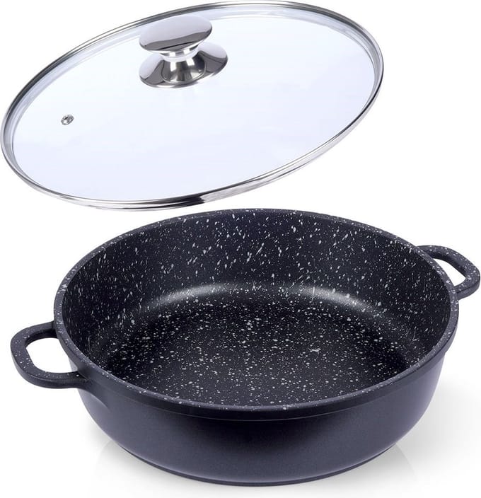 Koekenpan Graniet met Glazen Deksel GRANDE 28 cm - Multifunctionele Pan voor Vlees - Groenten