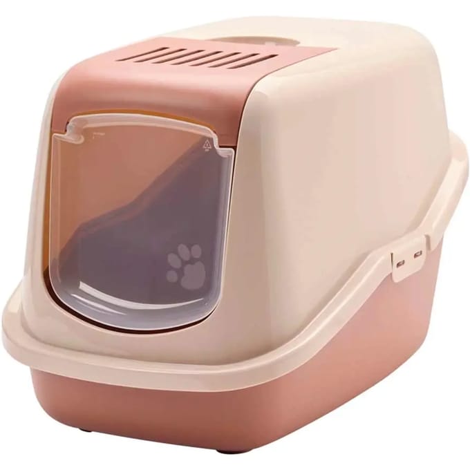 Savic kattenbak Nestor - Startset: toilet champagne roze/ toscane rood + 2 filters + 12 zakken