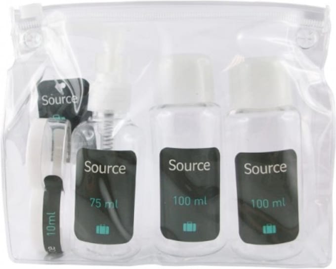 Reisset 5-delig Source - PVC ritstasje - transparant - lotiondispenser - lotionflesjes - crèmepotjes