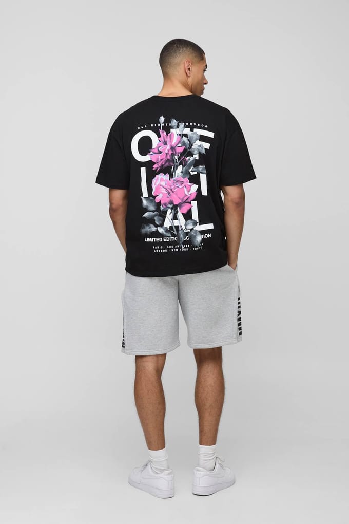 Oversized Rose Print Officiële T-Shirt | Black | Size Medium