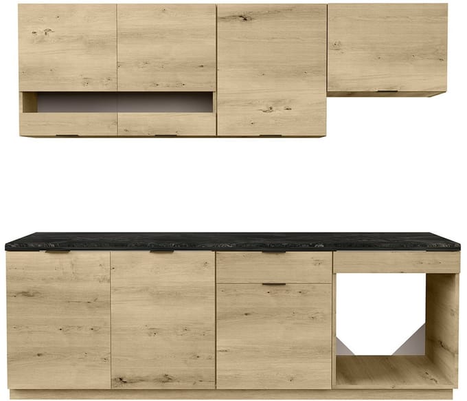 Vente-unique Complete keuken - 200 cm - 6 opbergelementen - Houteffect en antraciet - CARMEO