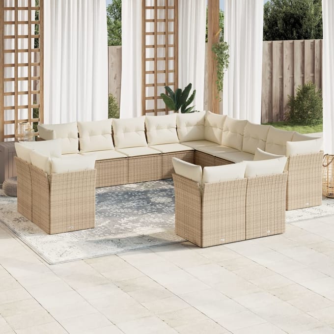 vidaXL - 13-delige - Loungeset - met - kussens - poly - rattan - beige