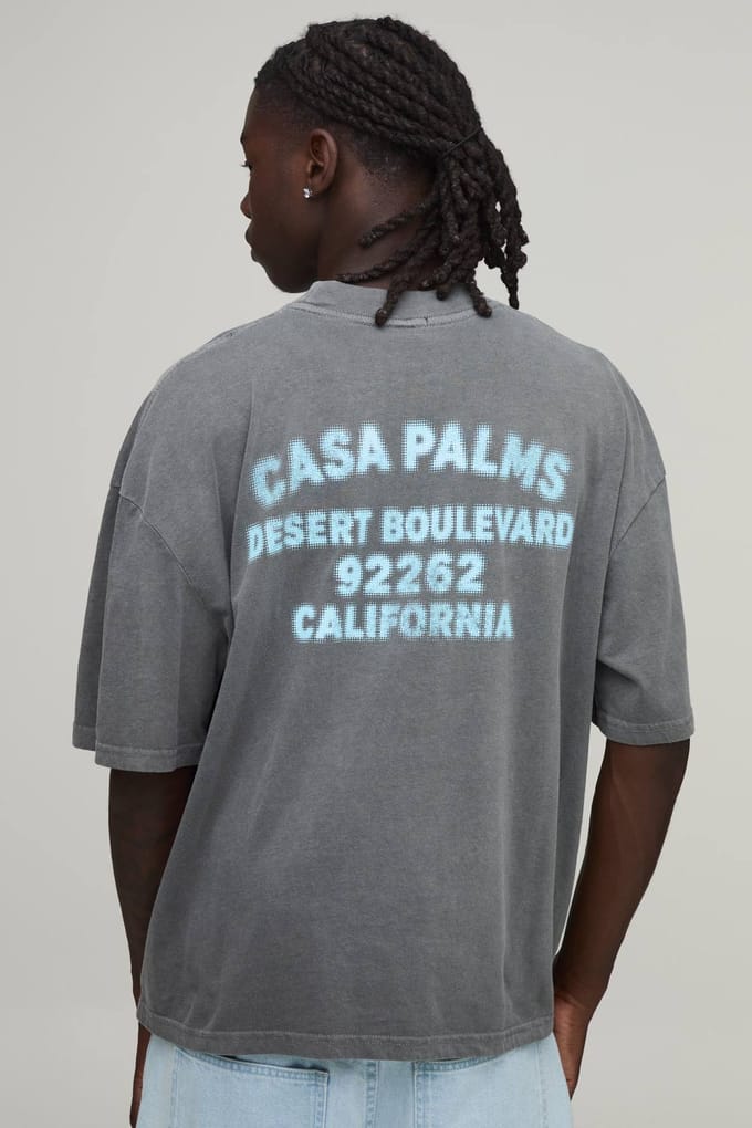 Antraciet Oversized Boxy Gewassen Casa Palms Print T-shirt | Washed Charcoal | Size Large