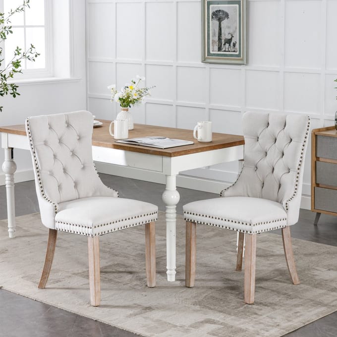 Clruro Eetkamerstoelen - Set van 2 - Gecapitonneerd - Met Siernagels - Linnen en Hout - Beige