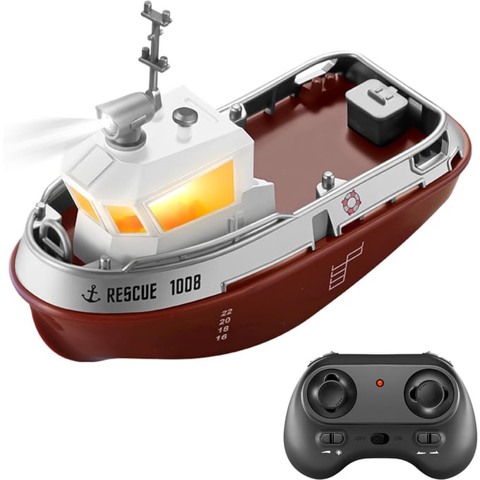 Afstandsbedieningsboot, 2,4GHZ 1:32 Waterdichte Mini Sleepboot met Lichtjes, Oplaadbaar Elektrisch Speelgoed voor bruin