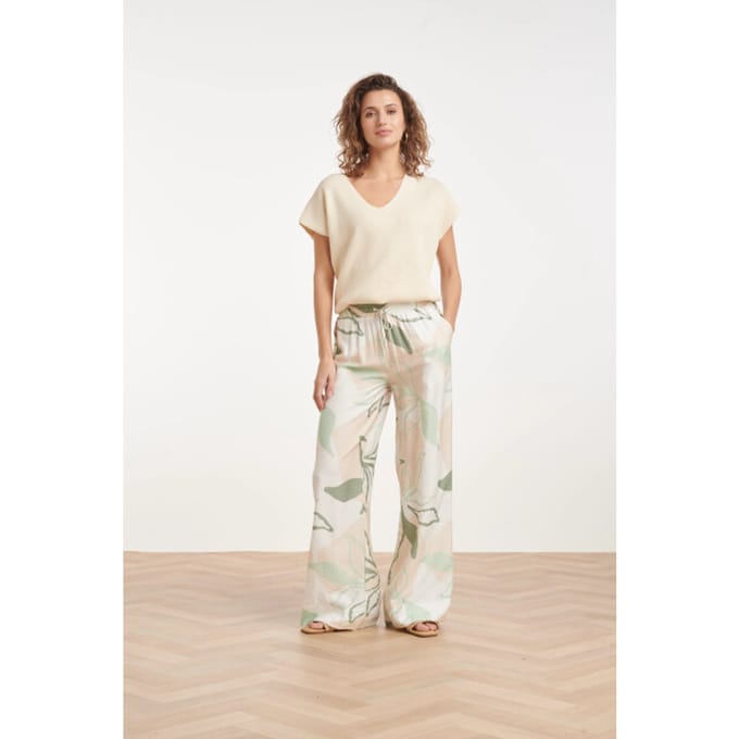 Smashed Lemon Wide leg broek met groene en beige bladprint |