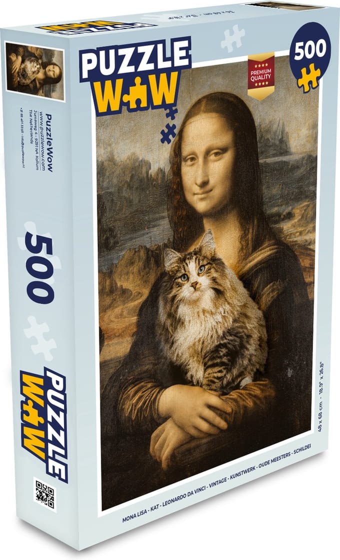 Puzzel Mona Lisa - Kat - Leonardo da Vinci - Vintage - Kunstwerk - Oude meesters - Schilderij - Legpuzzel - Puzzel 500 stukjes
