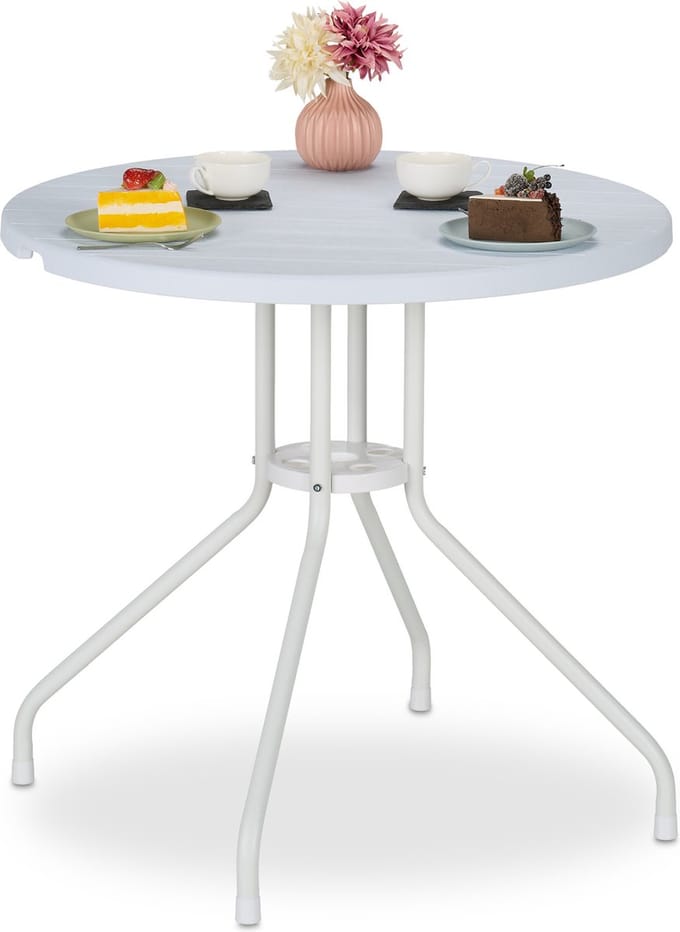 tuintafel rond - 74 x 80 cm - houtlook - kunststof - staal - modern - balkon - wit