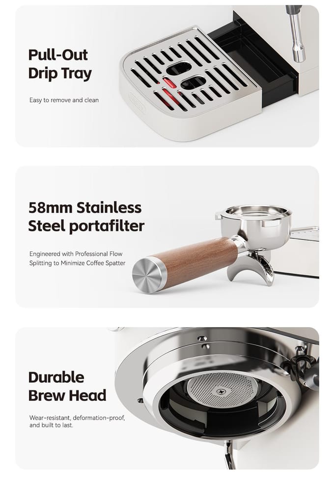 HiBREW H13 Semi-automatische Koffiemachine, Dubbel Boilersysteem met 20-Bar Pompdruk, Multifunctionele Zetmodi, Verstelbaar Lekbakje wit