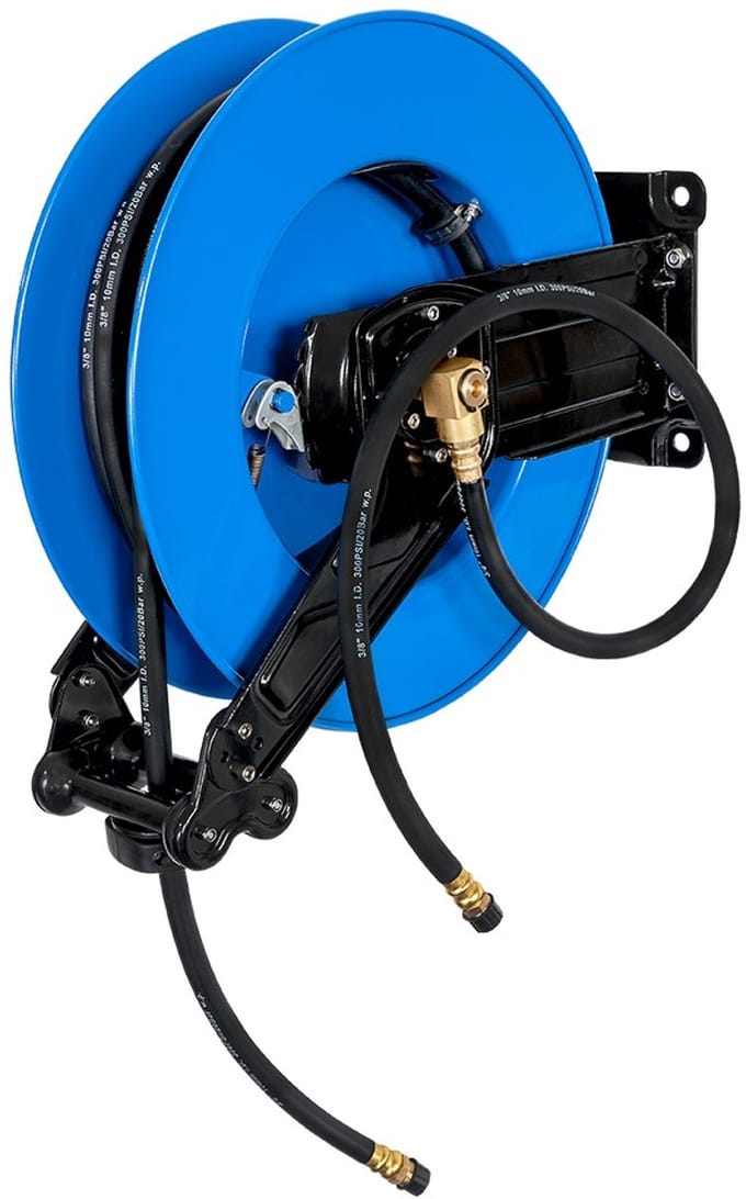 Luchtslanghaspel rubber | Binnen Ø 10 / Buiten Ø 13.5 mm | 1/4 buitendraad | 20 meter | 20 bar | Wandmodel | Zelfoprollend | Draaibaar