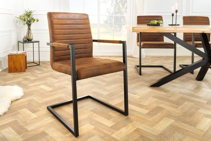 industrieele sledestoel LOFT vintage bruine armleuningen ijzeren frame eetkamerstoel - 37081