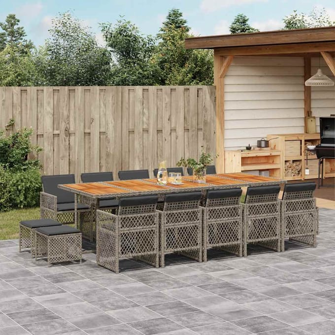 vidaXL - 15-delige - Tuinset - met - kussens - poly - rattan - grijs