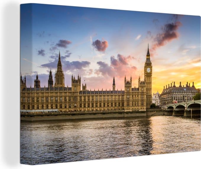 Canvas Schilderij Zon - Big Ben - Londen - 30x20 cm - Wanddecoratie