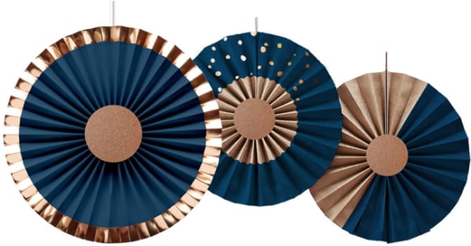 Folat - Papieren waaiers Elegant True Blue - 3 stuks