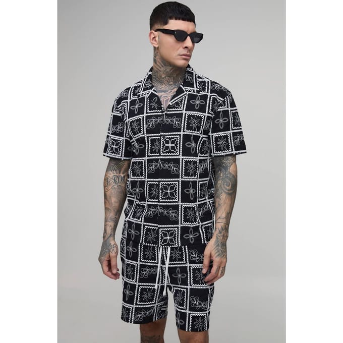 Tall Embroidered Tile Oversized Shirt & Relaxed Short Set | Black | Size Medium