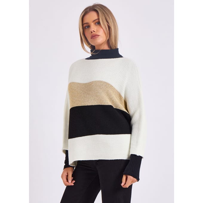 Gestreepte gebreide oversized trui met V-hals