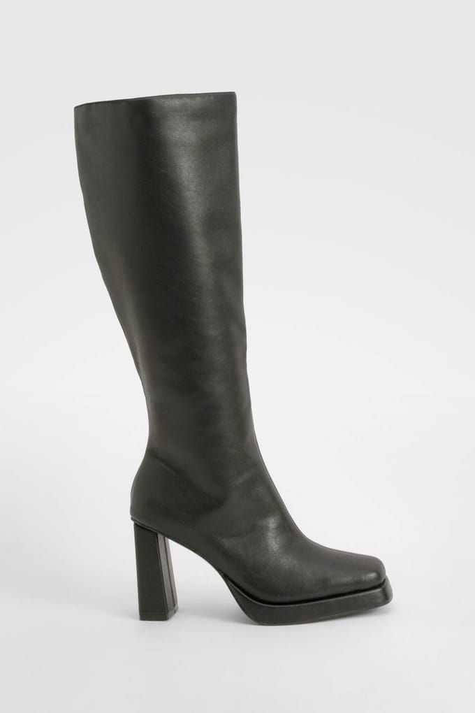 boohoo Dames Blockhakken Platform Kniehoge Laarzen | Black | Maat: 7