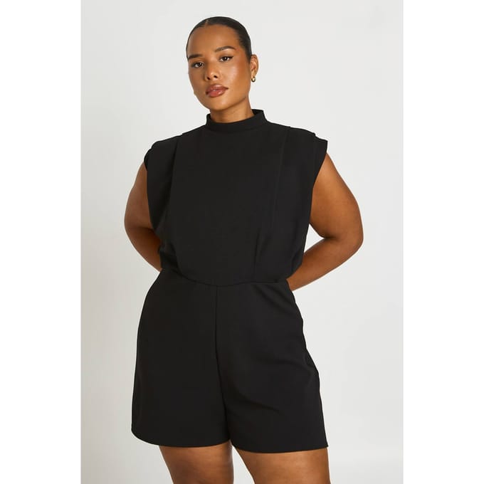 boohoo Dames Plus Getailleerde Playsuit Met Plooidetail | Zwart | Maat: 50