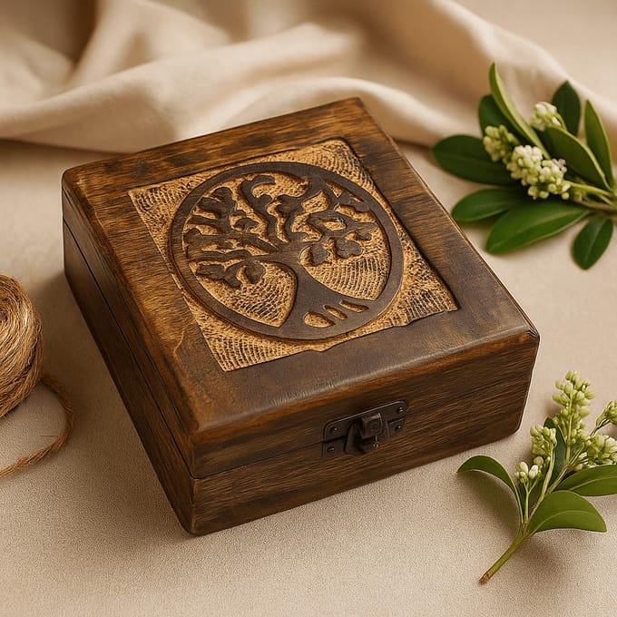 Houten Bewaardoos Vierkant 13 cm x13 cm x 6 cm - Levensboom