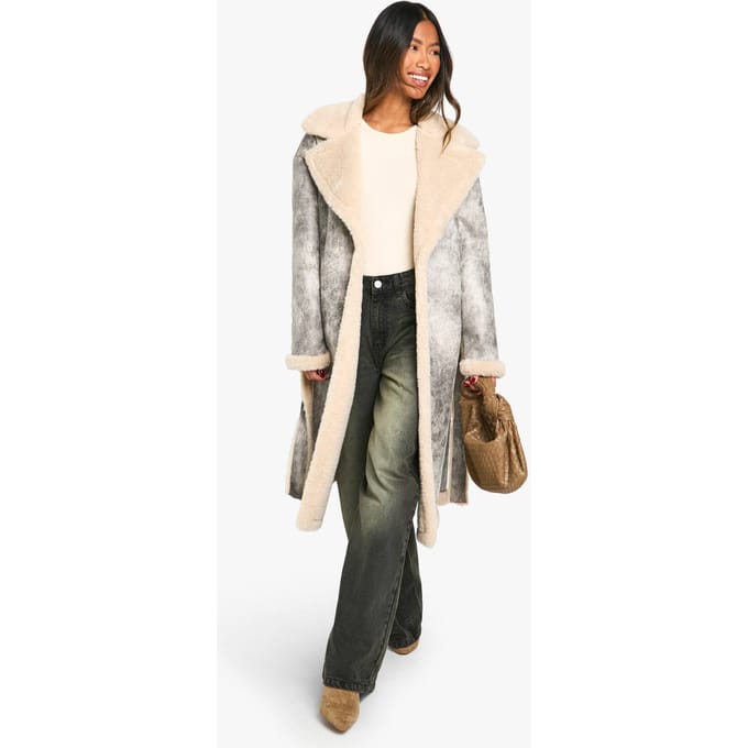 boohoo Dames Vintage Look lang gesneden met riem afgewerkte vliegerjack | Grey | Maat: 10