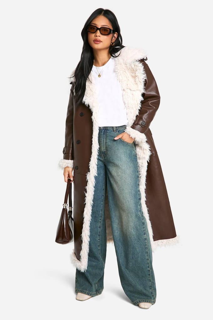 boohoo Dames Petite nepleer lang gesneden jas | Brown | Maat: 8