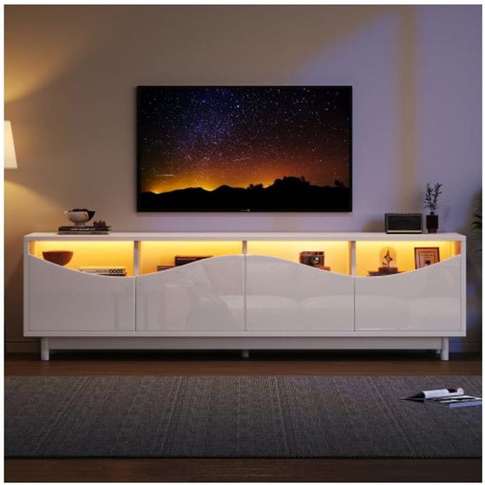Meuble TV - MUVOE - Design incurvé - Blanc brillant - Éclairage LED - 175 x 38 x 51 cm blanc