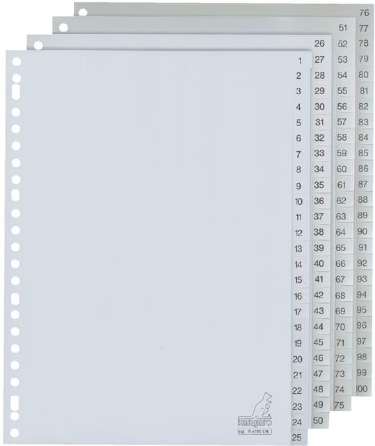 Kangaro tabbladen - A4 - PP 120 micron - grijs - 23-gaats - 100-delig cijfers