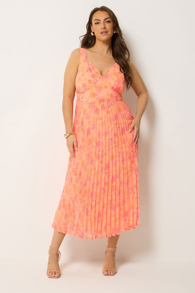 Yours Oranje Geplooide Jurk Met Bloemenprint Size 48