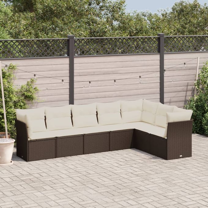 vidaXL - 7-delige - Loungeset - met - kussens - poly - rattan - bruin