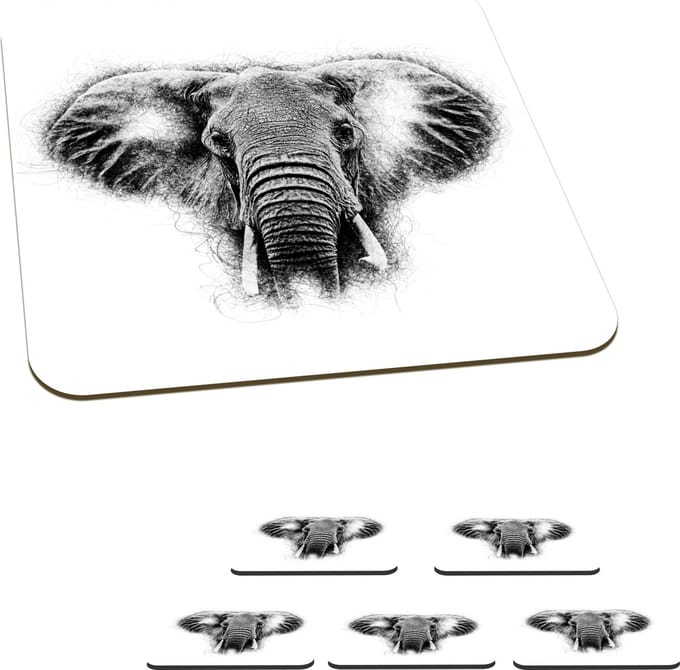 Onderzetters voor glazen - Olifant - Dieren - Zwart - Wit - 10x10 cm - Glasonderzetters - 6 stuks