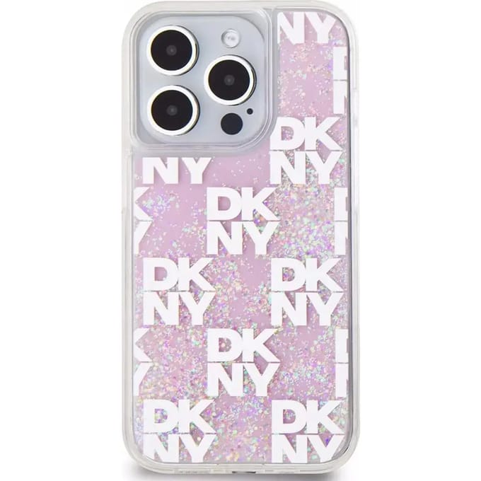 DKNY Liquid Glitter Checkered Pattern Back Case - Geschikt voor Apple iPhone 15 Pro (6.1") - Roze
