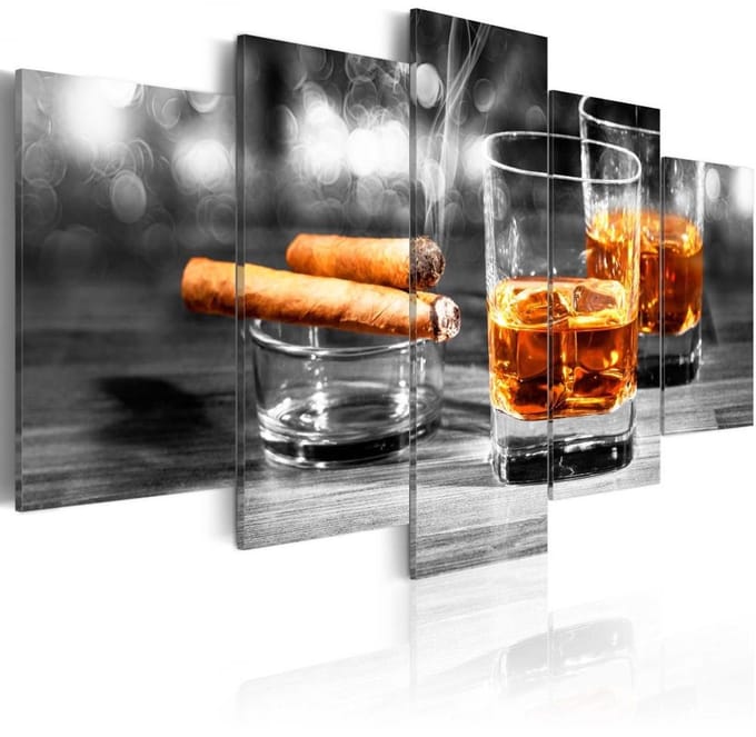 Schilderij - Sigaar en Whiskey III , Mannenwereld , 5 luik