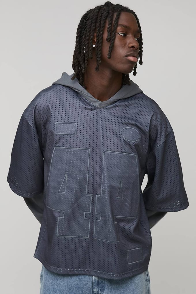 Oversized Boxy Varsity Applique Faux Layer Mesh Sports Top Hoodie | Charcoal | Size Medium
