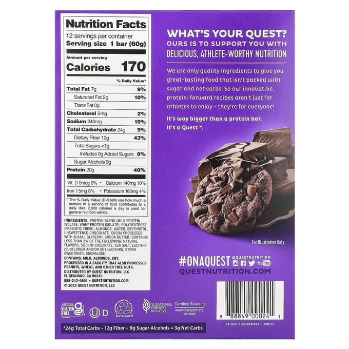 Quest Nutrition, Barre protéinée, Double pépites de chocolat, 12 barres, 2,12 oz (60 g) chaque