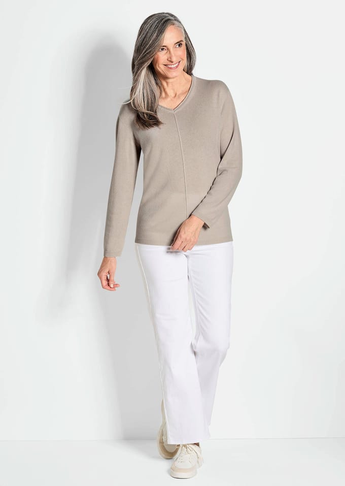 Pullover van kasjmier met V-hals - beige - Gr. 46 van Goldner Fashion