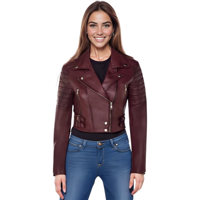 Dames Burgundy Cropped Brando leren bikerjack - Bellville