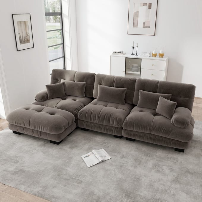 MODFU Modulaire Hoekbank - Diepe Zitting En Verplaatsbare Ottomans - Eigentijds - Chenille - Bruin